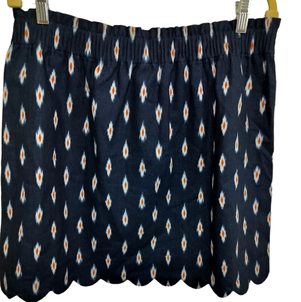 sK104) J Crew Navy blue Ikat Linen blend Sidewalk Scallop Skirt Size 12